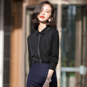 黑色衬衫女设计感小众2021年新款春秋长袖上衣职业气质正装黑衬衣