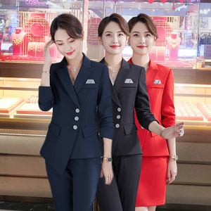 秋冬职业装长袖西服套装中国黄金珠宝店金店酒店前台工作服小西装