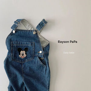raysonpapa韩国童装可爱卡通米老鼠牛仔背带裤休闲百搭男女童洋气
