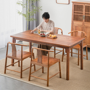 溪木工坊新中式餐桌实木老榆木长方形桌子家用小户型饭桌餐厅桌椅