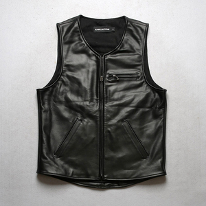 经典复古修身型男真皮马甲 男式英伦马皮背心 通勤休闲圆领皮坎肩
