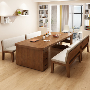 客厅大长书桌书架一体带抽屉家用学生学习桌阅读桌实木条桌工作台