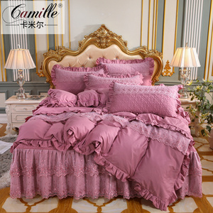 欧式全棉夹棉蕾丝床裙款四件套床上用品纯棉加厚床罩4件套被套2米