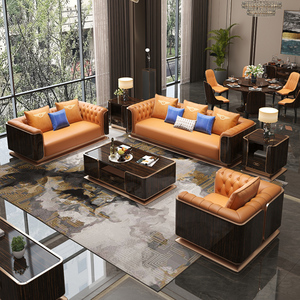 意式轻奢实木真皮沙发组合欧式后现代别墅大户型高厅阿玛尼宾利
