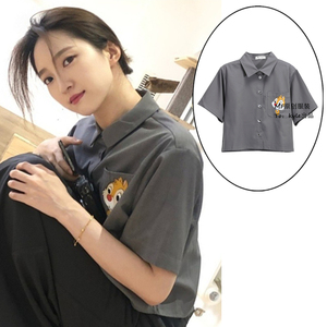 心动的信号杨凯雯同款卡通印花纯色衬衫韩版polo领短袖短款开衫女
