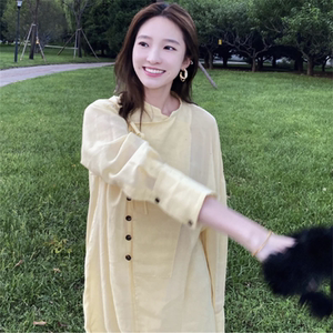 心动的信号杨凯雯同款黄色长袖连衣裙宽松休闲风气质百搭开衫女潮