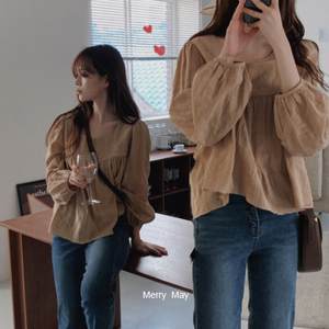 【merry may】好甜姐姐 韩国代购2021秋 方领皱皱衬衣裙摆式上衣