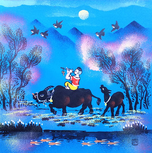牧歌农村放牛娃牧童骑牛农家乐院子张青义户县农民画尺寸25x25cm