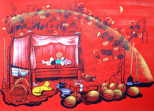 瓜田月色西瓜地瓜棚酒店饭店农家乐张青义户县农民画尺寸52x38cm