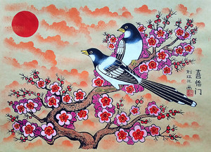 喜临门喜鹊喜上眉梢花鸟家居客厅农家乐院户县农民画尺寸52x38cm