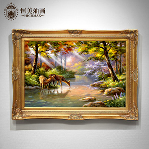 恒美手绘油画欧式风景古典别墅客厅装饰画玄关壁画小鹿挂画美式