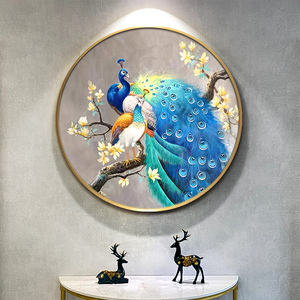 纯手绘油画玄关装饰画现代新中式孔雀圆形画简约客厅餐厅壁画挂画