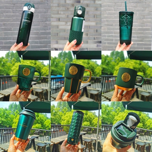 星巴克杯子2021墨绿色经典女神铭牌铜牌马克玻璃不锈钢杯保温杯