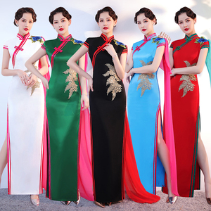 新款走秀改良旗袍中国风加长款时尚黑色高端舞台演出服年轻款大码