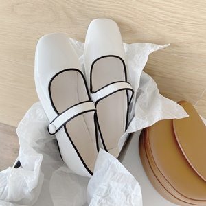 苏茵茵同款名媛仙女气质法式拼色方头浅口一字白色低跟玛丽珍单鞋