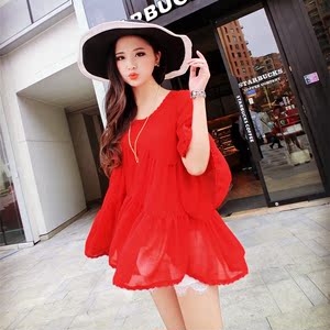 红色雪纺衫上衣女夏韩版修身中长款飞飞袖不规则大摆…