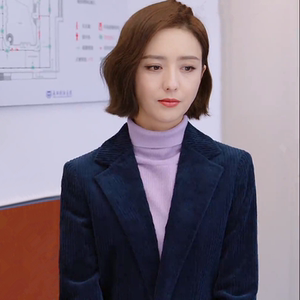 欧洲爱的厘米佟丽娅关雨晴同款衣服春藏蓝色显瘦灯芯绒西服外套女