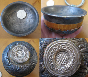 錾刻寿字双龙纹老银碗1只  木包老银碗古玩老银器230608