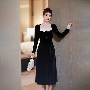 限时7折 法式复古赫本风黑色丝绒连衣裙女秋冬季气质修身显瘦高端
