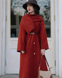 长款毛呢外套女冬季赫本风高级感复古围巾领双面羊绒红色呢子大衣