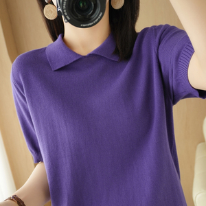 纯棉线娃娃领短袖针织衫女春夏薄款宽松大码t恤减龄polo领打底衫