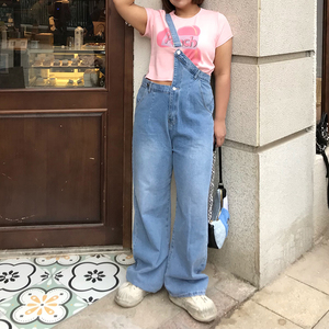 milu家大码女装夏宽松不规则牛仔背带裤显瘦遮肉阔腿连体长裤胖mm