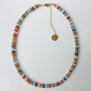 2024春夏半宝石串珠彩色飞碟盘项链女小众设计ins彩珠叠搭锁骨链