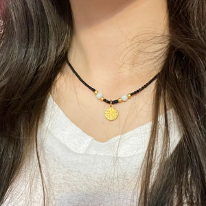 黄金福牌项链女999足金转运珠黑绳编织项链生日礼物送女友老婆