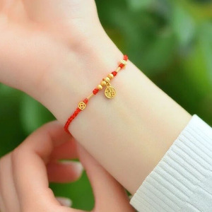 黄金福牌手链女999足金铜钱转运珠手工编织手绳生日礼物送女友