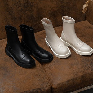 比丘国2021年秋冬新款平底后拉链弹力瘦瘦靴短靴踝靴马丁靴子女鞋