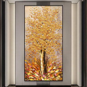 vip名品购淘宝纯手绘发财树油画入户玄关装饰画客厅轻奢立体挂画竖