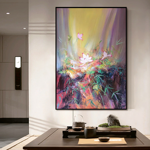 抽象荷花纯手绘油画大芬村新中式玄关客厅走廊过道茶室装饰画挂画