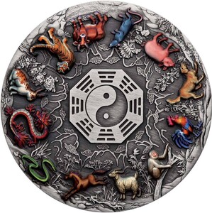 【海寧潮期货】图瓦卢2022年太极十二生肖高浮雕5盎司仿古彩银币