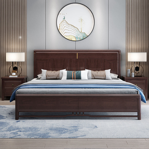 晨府全实木新中式双人床家用大小户型1.5m1.8m气压箱框储物床主卧