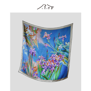 尉了 蓝调鸢尾 | 艺术家油画系列真丝巾鸢尾花大方巾蓝色围巾花卉
