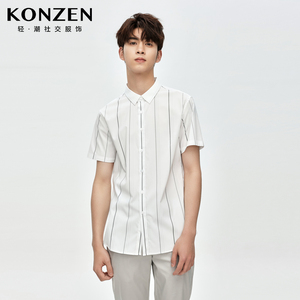 KONZEN空间品牌夏季男士短袖衬衫翻领条纹商务休闲衬衣潮牌青年