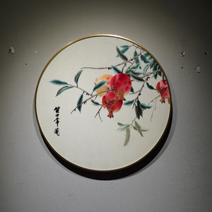 圆形纯手工苏绣刺绣画带框笑口常开石榴花玄关走廊过道客厅装饰画