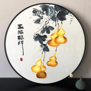 新中式风格吉祥寓意五福临门图纯手工刺绣画玄关客厅走廊成品挂画
