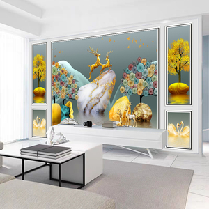 2021新款网红电视背景墙壁画3d立体大气五宫格壁纸18d招财鹿墙布