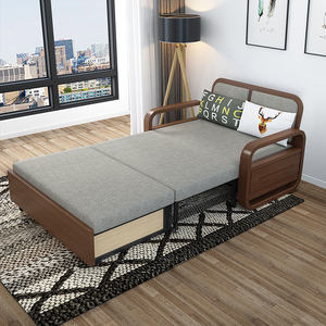 90cm实木单人沙发床可折叠布艺推拉床1米中式客厅小户型可以做床