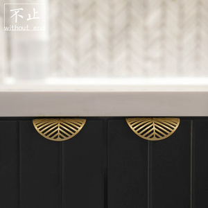 简约暗拉手树叶原创设计黄铜隐形橱柜衣柜家具抽屉纯铜金色小把手
