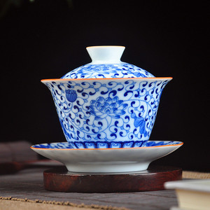 景德镇陶瓷盖碗中式青花瓷三才碗单个泡茶杯骨瓷器家用不烫手品茗
