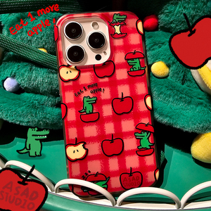 一个悲伤的店铺原创红苹果鳄鱼红色格纹喜气双层工艺全包14promax可爱华为适用iphone15苹果手机壳mate60pro