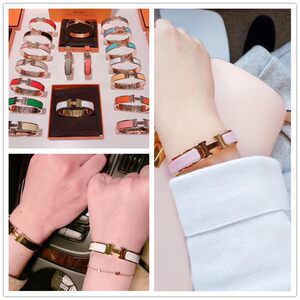 hermes爱马仕手镯 珐琅h扣字母玫瑰金金银边窄宽版男女情侣手环