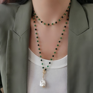 葡萄牙小众品牌绿玛瑙巴洛克珍珠长款项链欧美叠带锁骨链毛衣链女
