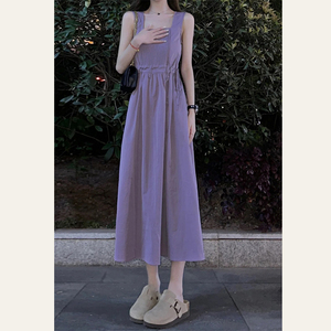 高级感紫色连衣裙女夏季2023新款韩版方领无袖背心裙收腰显瘦长裙