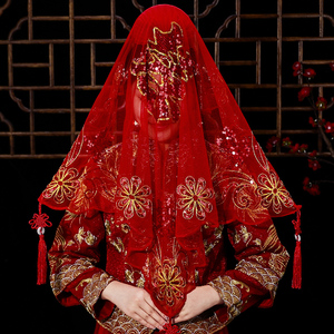 2024新款结婚红盖头中式婚礼新娘蒙头巾喜帕高档秀禾服红色头纱巾