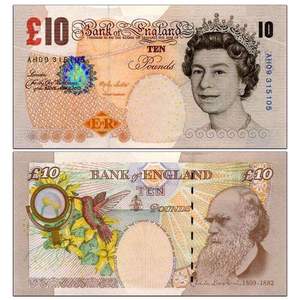 包邮全新unc英国2000年10镑纸币 达尔文纪念钞女王头像欧洲钱币