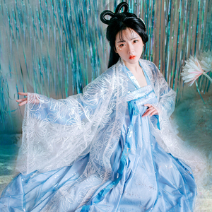 出租蓝色汉服唐朝齐胸襦裙大袖衫超仙显瘦年会学生跳舞古装仙女夏