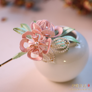 尹霞原创汉服发饰手工缠花发簪古风天然淡水珍珠发钗粉色仙美新款